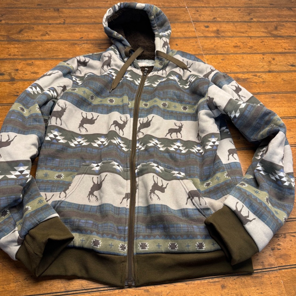 Big Ball‎ Sports Mens Sherpa Lined Zip Hoodie Deer Southwestern Print Green Med